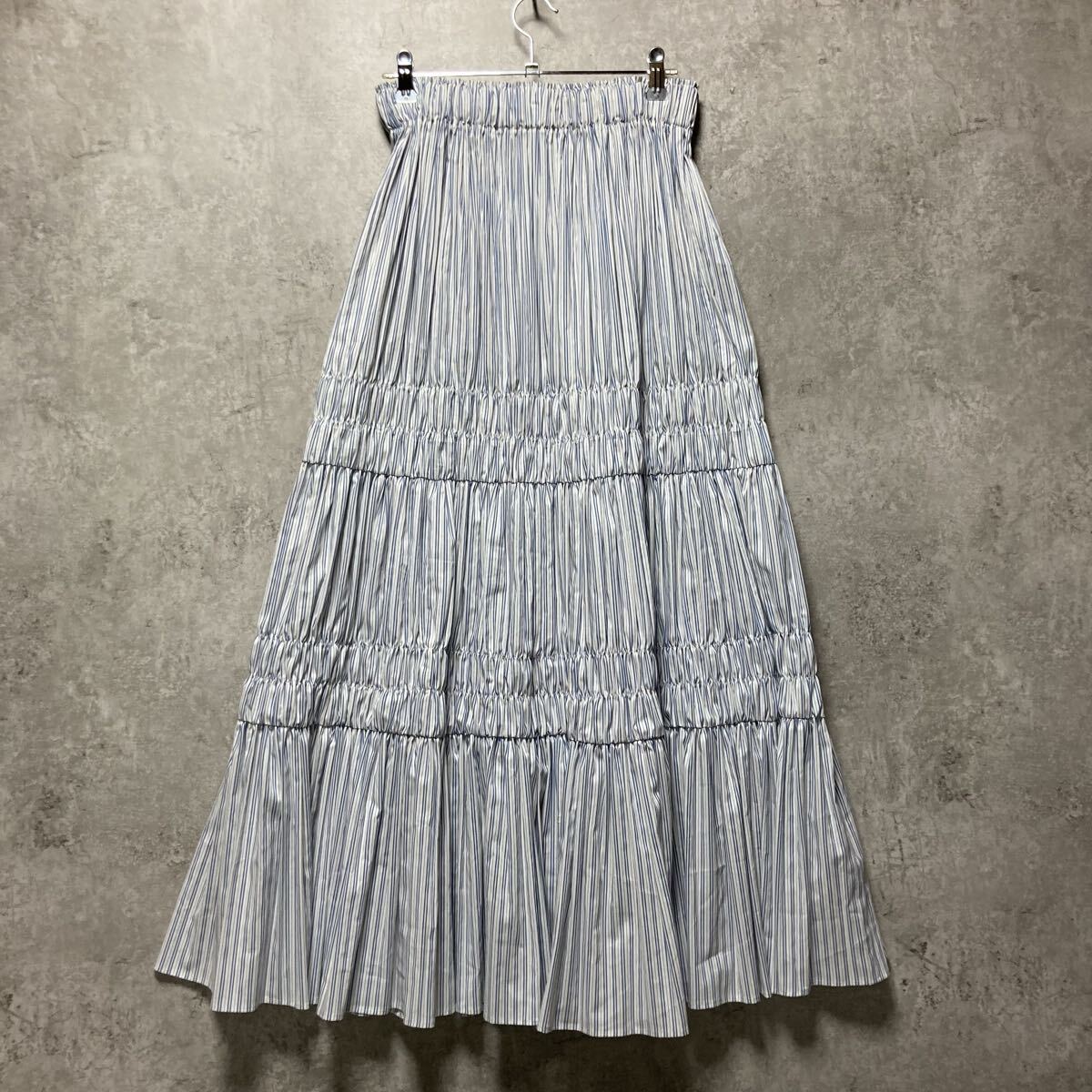 FRAYI.D フレイアイディー　ストライプ　シャーリング　ロングスカート　ウエストゴム　白×青　Aライン　フレア　サイズ160/64A（1）_画像1