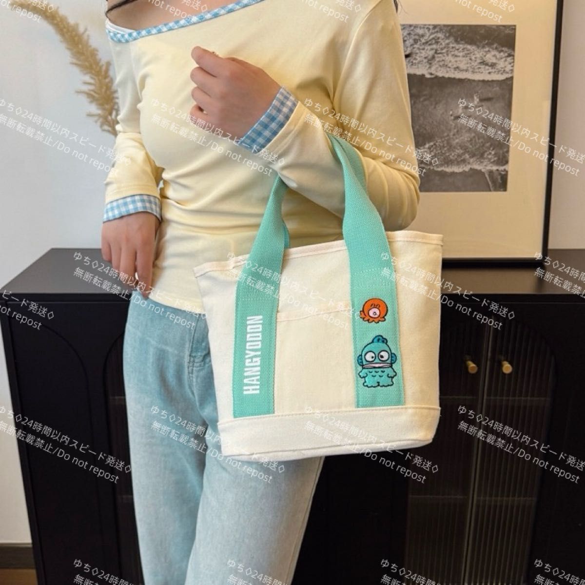 おまけ◎ 海外限定 サンリオ トートバッグ ハンドバッグ サブバッグ ランチバッグ 手提げ シンプル オシャレ ハンギョドン_画像4