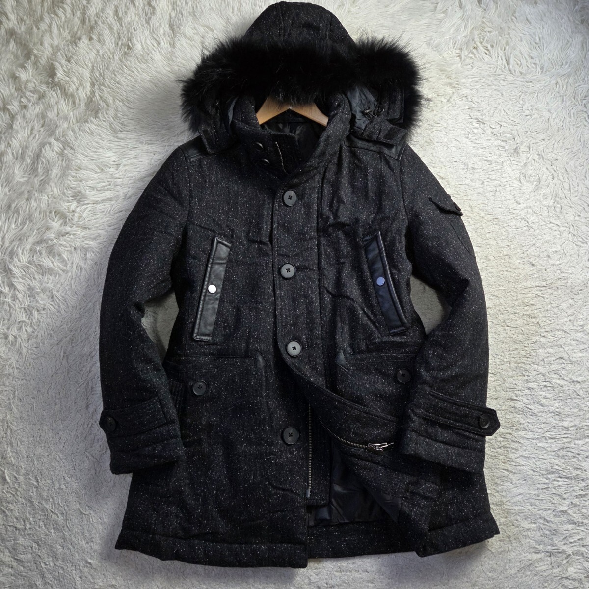 極美品 ジョセフ オム【3WAY フード ファー 着脱 希少サイズ48 L レザー パッチ ダウンジャケット】JOSEPH HOMME ダウンコート ジョゼフ_画像3