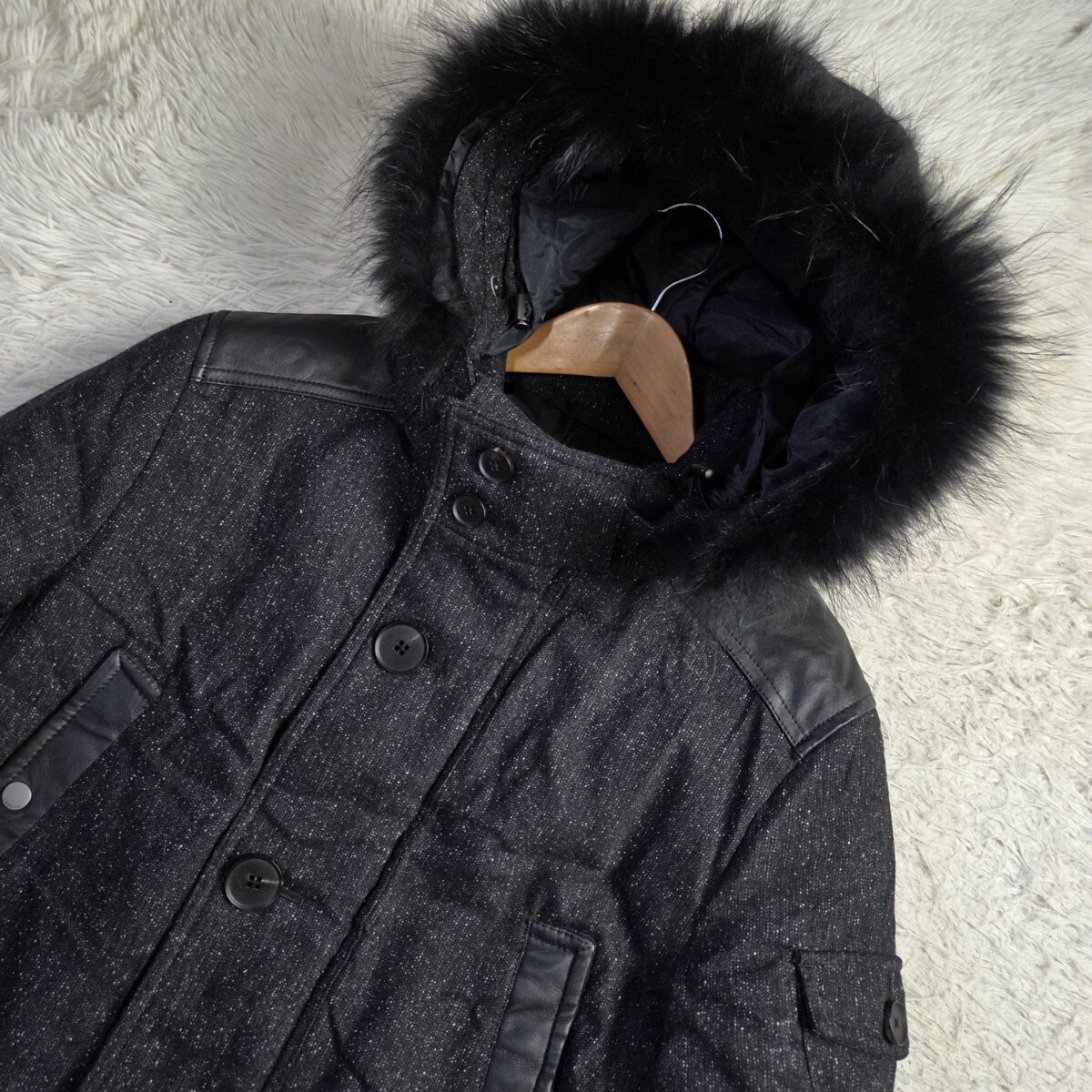 極美品 ジョセフ オム【3WAY フード ファー 着脱 希少サイズ48 L レザー パッチ ダウンジャケット】JOSEPH HOMME ダウンコート ジョゼフ_画像4