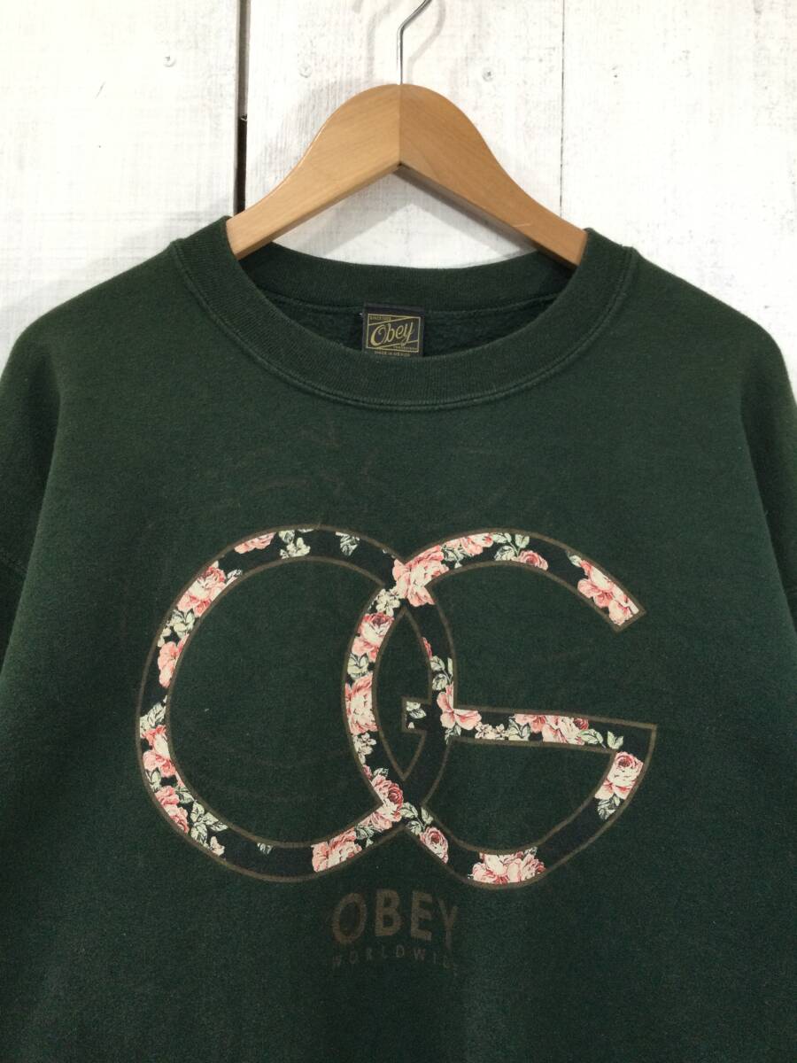 OBEY オベイ メキシコ製 フラワーロゴ プリント スウェット スウェットシャツ トレーナー メンズM 状態良好_画像2