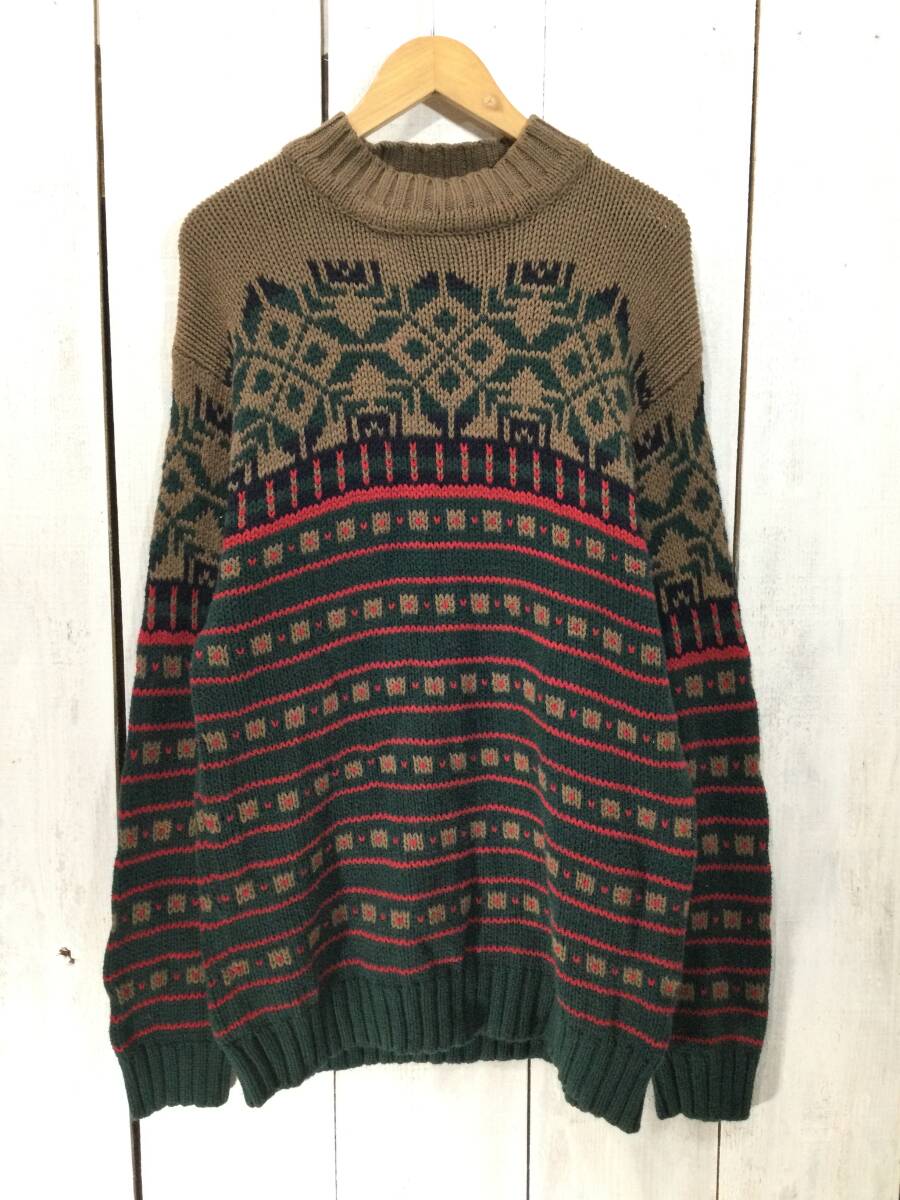 Eddie Bauer エディーバウアー 総柄 コットンニット モックネックセーター メンズM 大きめ 良品_画像1