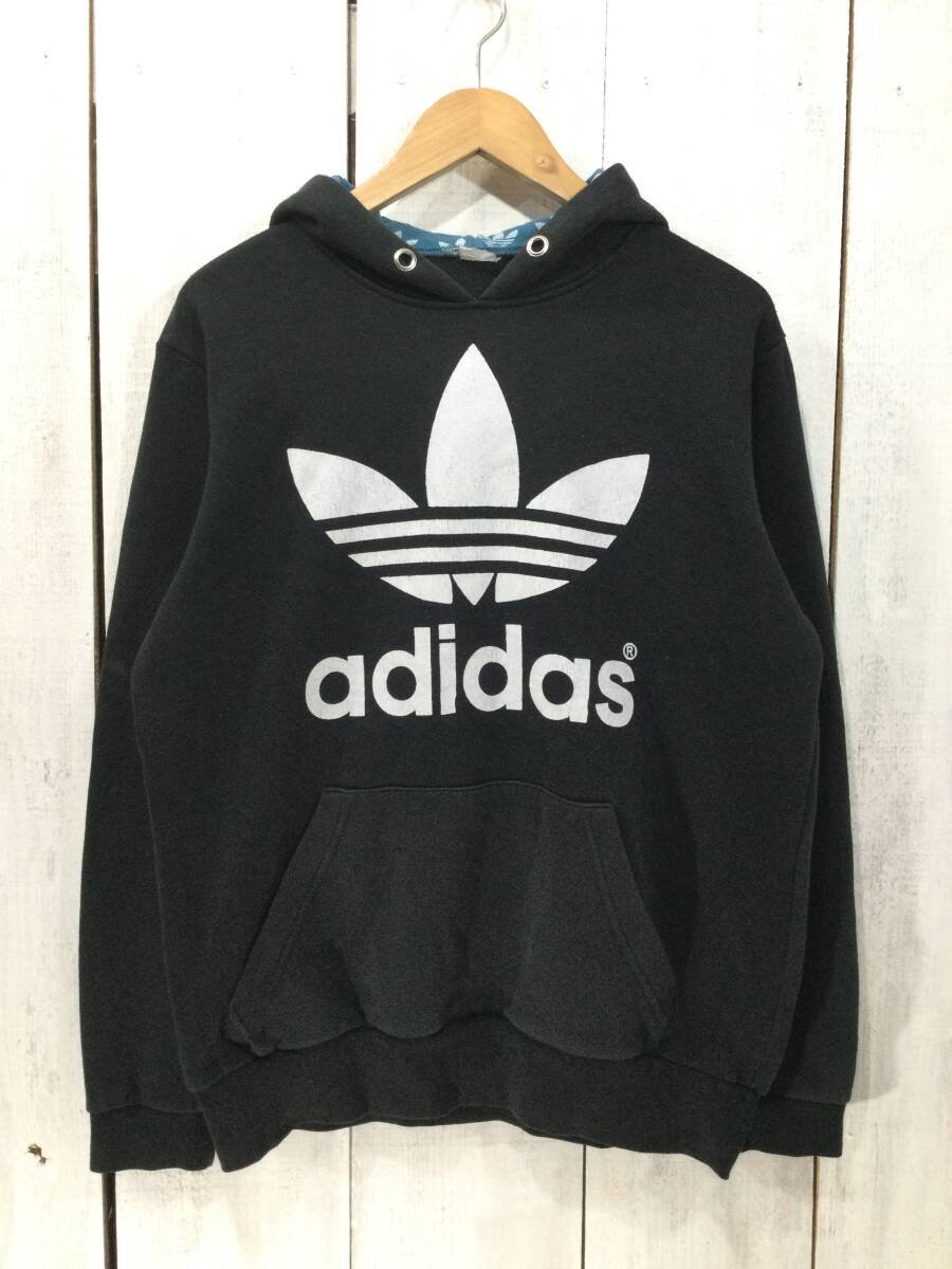adidas アディダス トレフォイルロゴ 年代不明 スウェットパーカー フード付きトレーナー メンズM ややダメージあり_画像1