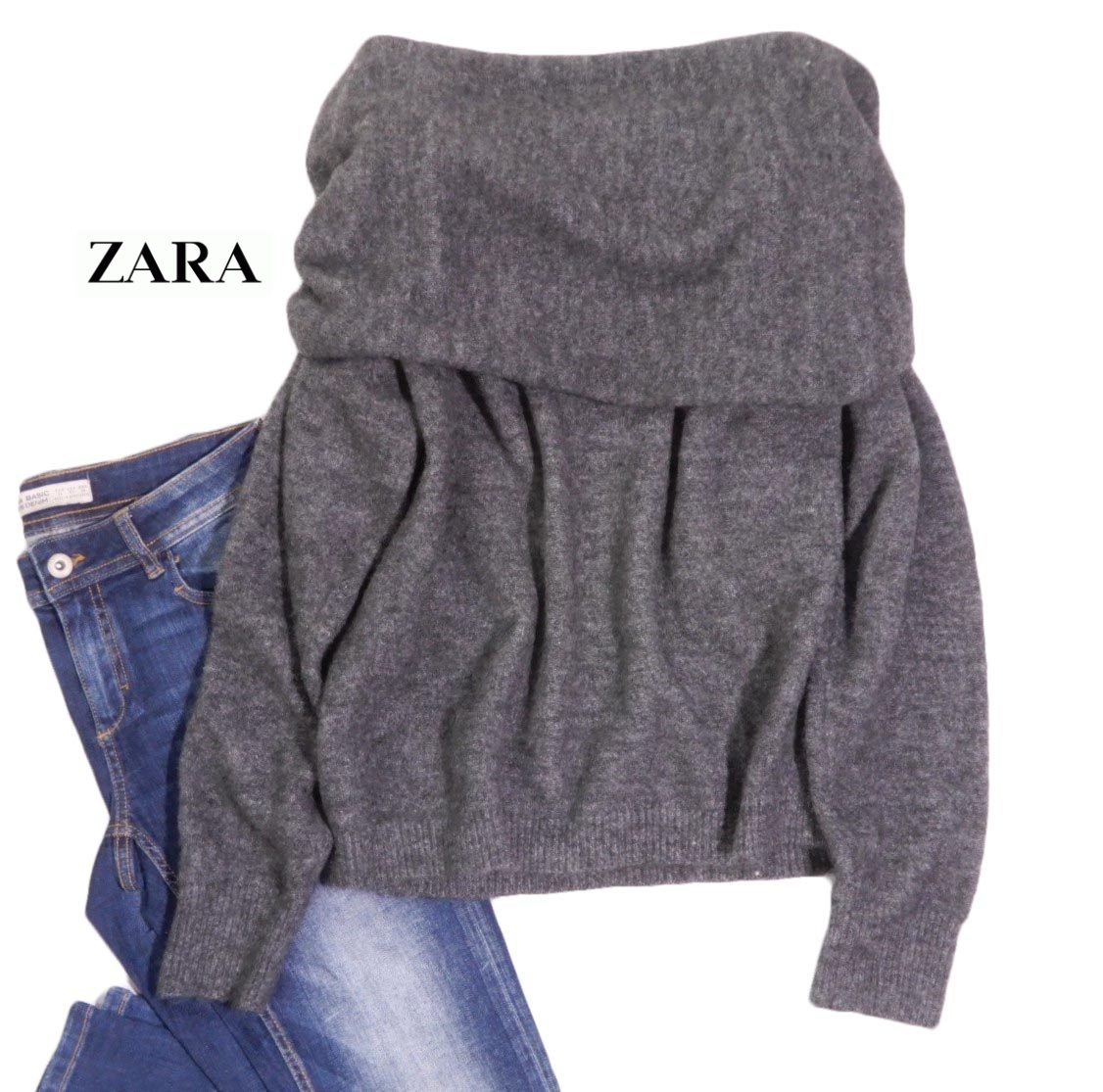 ザラ ZARA 大人可愛い☆ふっくら素材 クロスデザイン オフショル ニット プルオーバー S