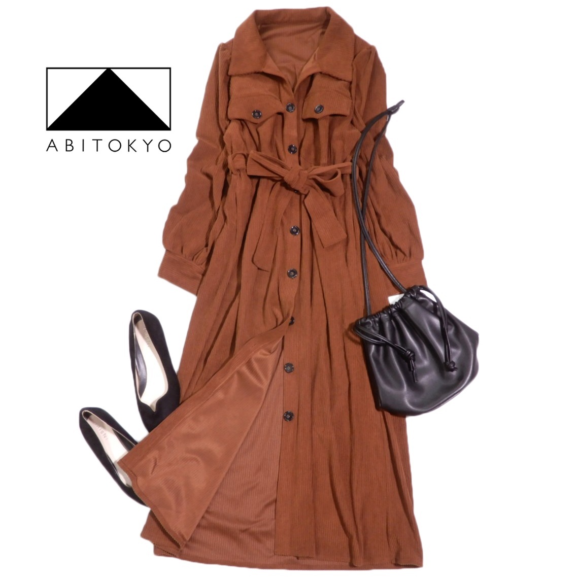 アビトーキョー ABITOKYO 大人可愛い☆ コーデュロイ ウエストマーク リボン ワンピース M_画像1