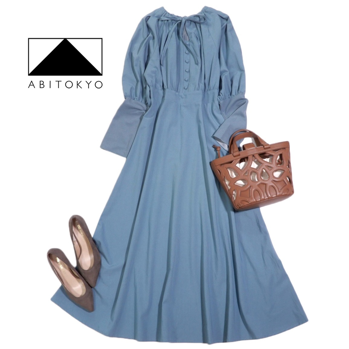 アビトーキョー ABITOKYO 大人可愛い☆ ウエスト切り替え ふっくら袖 ギャザー デザイン ロング ワンピース F_画像1