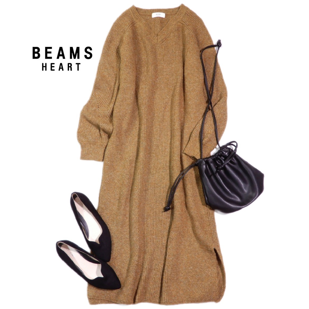 ビームス ハート BEAMS HEART 大人可愛い☆Vネック ニット ワンピース _画像1