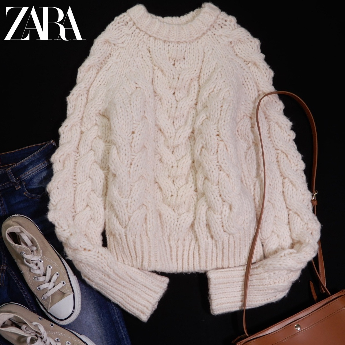 ザラ ZARA 大人可愛い☆ ウールブレンド クルーネック ビッグケーブル ニット プルオーバー セーター M 秋冬