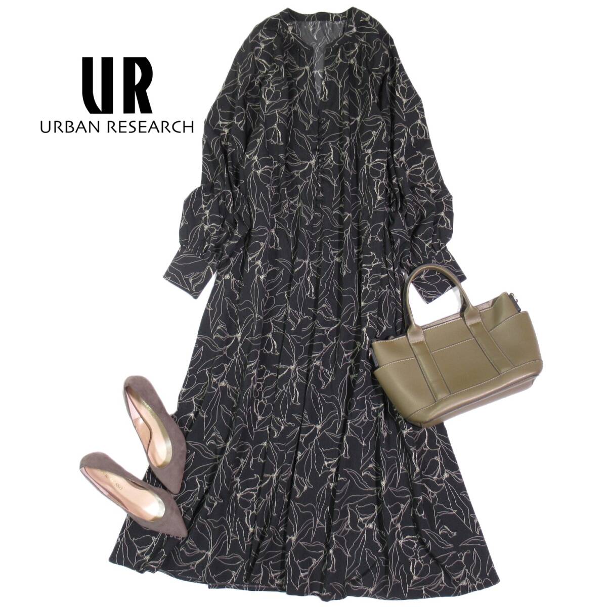 アーバンリサーチ items URBAN RESEARCH 大人素敵スタイル☆ ドローイングフラワー 花柄プリント Aライン フレア ロング ワンピース S_画像1