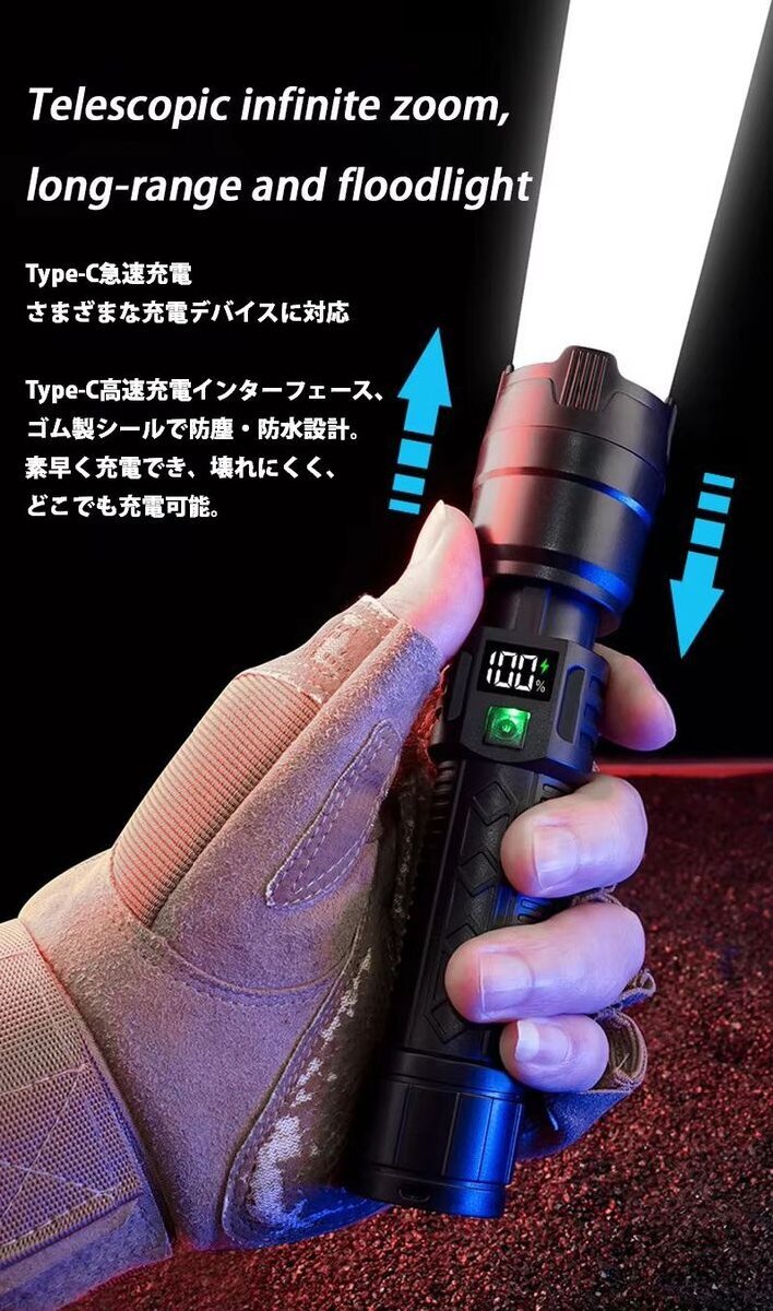 LEDライト 懐中電灯 充電式 2個セット ハンディライト 小型 防水 強力 防災グッズ TYPE-C ZOOM機能 7986803 ブラック 新品 1円 スタート_画像3