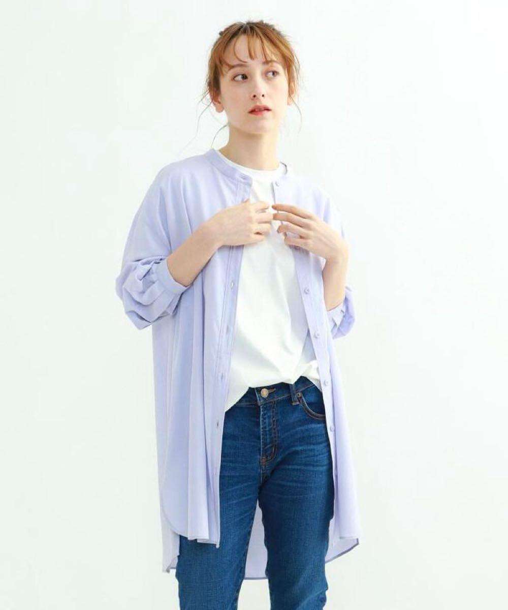 INDIVI◆セルクロス ロングシャツ ライトパープル 長袖 チュニック 薄手 インディヴィ ノーカラー ブラウス カーディガン LL 12サイズ_画像7