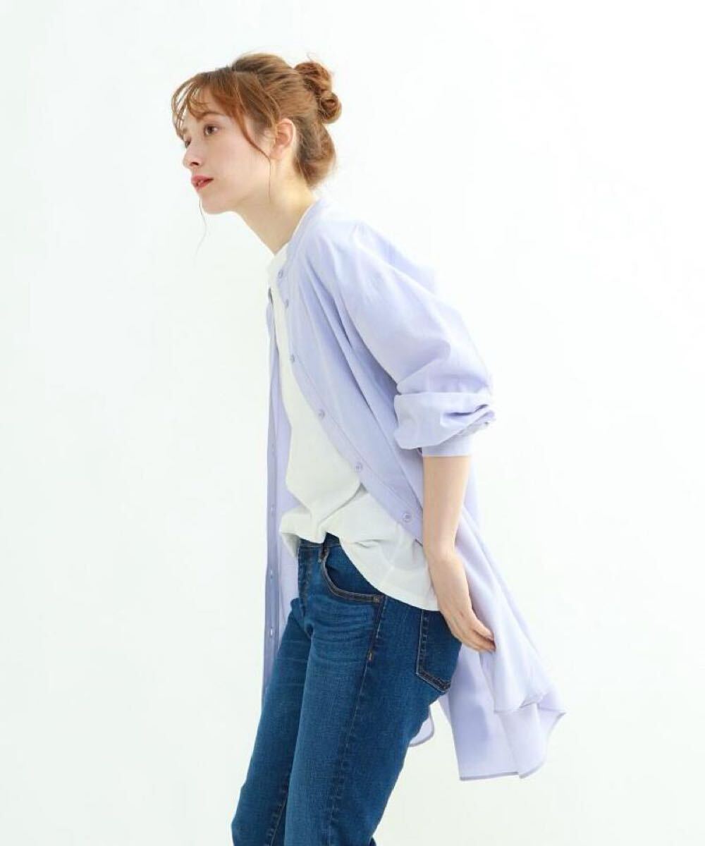 INDIVI◆セルクロス ロングシャツ ライトパープル 長袖 チュニック 薄手 インディヴィ ノーカラー ブラウス カーディガン LL 12サイズ_画像8