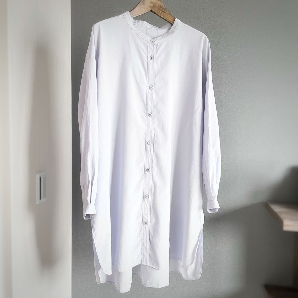 INDIVI◆セルクロス ロングシャツ ライトパープル 長袖 チュニック 薄手 インディヴィ ノーカラー ブラウス カーディガン LL 12サイズ_画像1