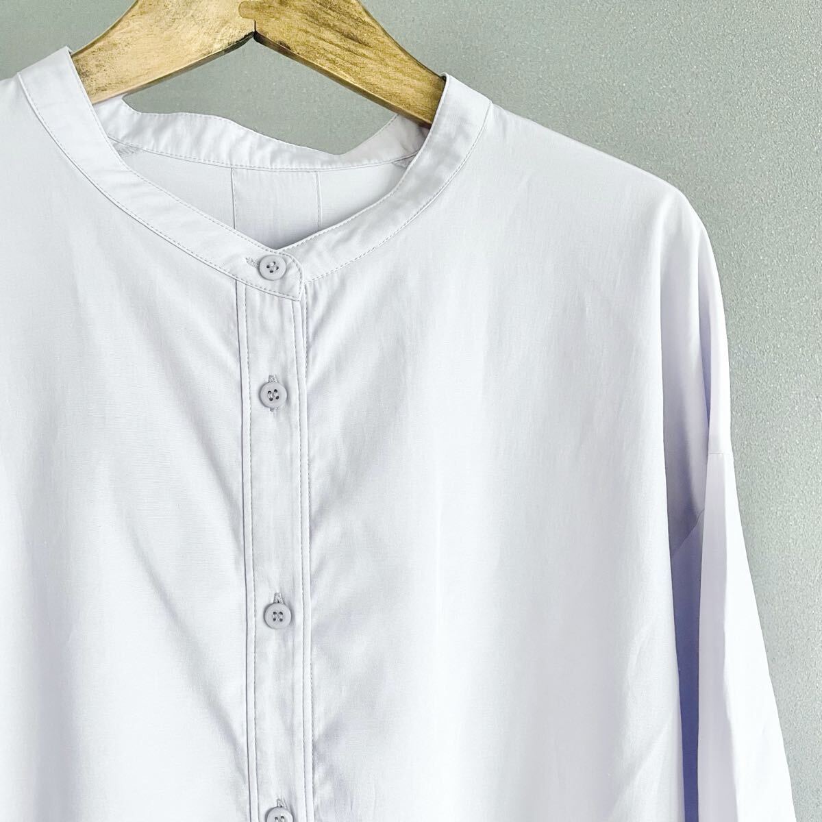 INDIVI◆セルクロス ロングシャツ ライトパープル 長袖 チュニック 薄手 インディヴィ ノーカラー ブラウス カーディガン LL 12サイズ_画像2