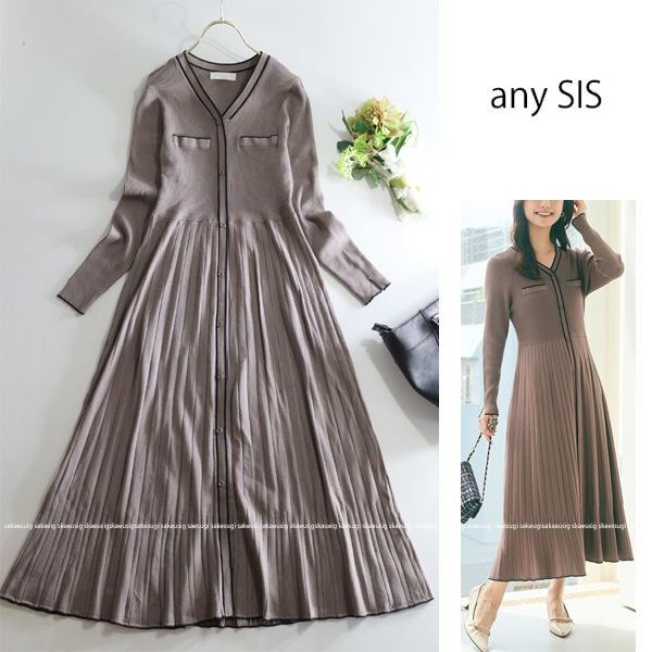 エニィシス any SIS ★大人素敵♪配色バイカラープリーツニットロング丈ワンピース_画像1