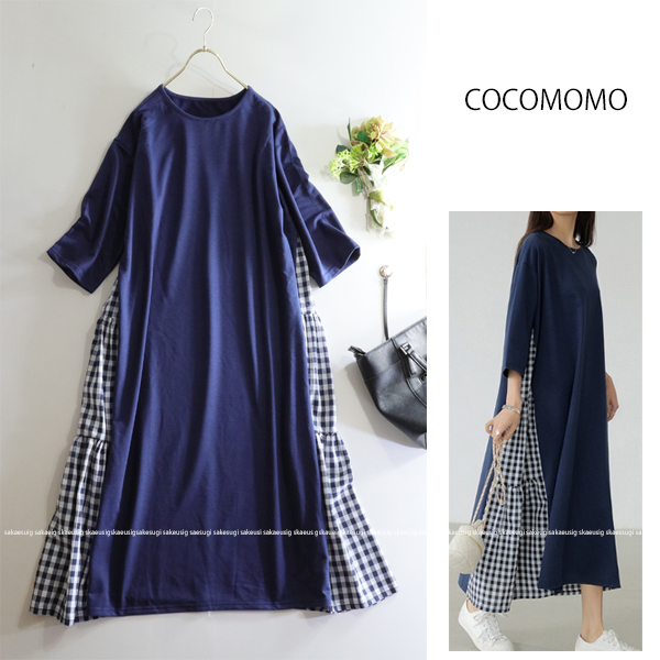 ココモモ COCOMOMO★大人可愛い♪サイドチェック柄ティアードカットソーロング丈ワンピース_画像1