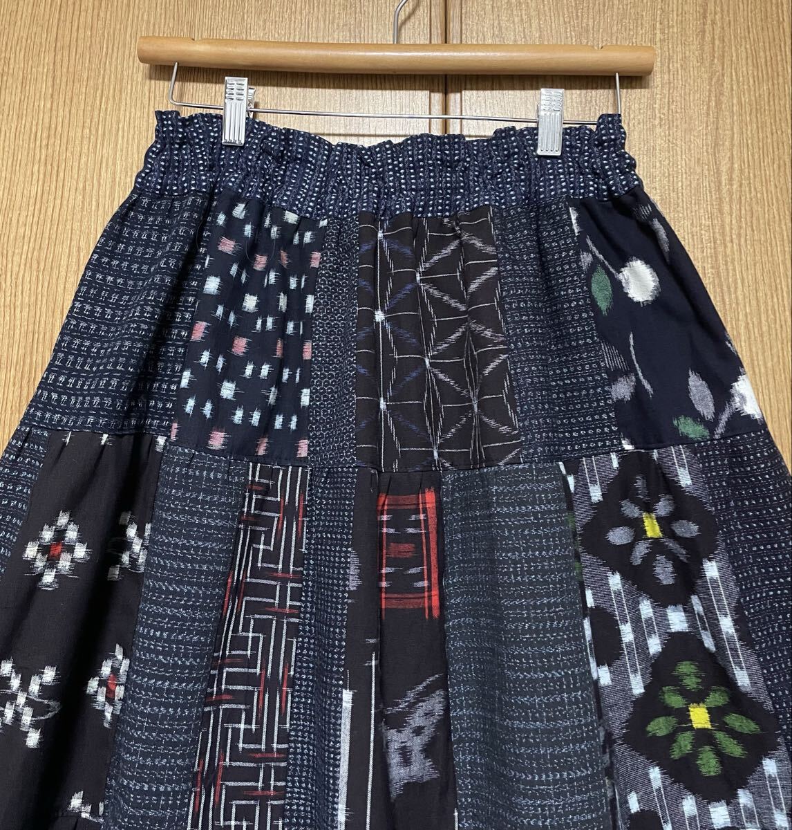 着物リメイク　絣など木綿のパッチワーク　ティアードスカート　フリーサイズ_画像5