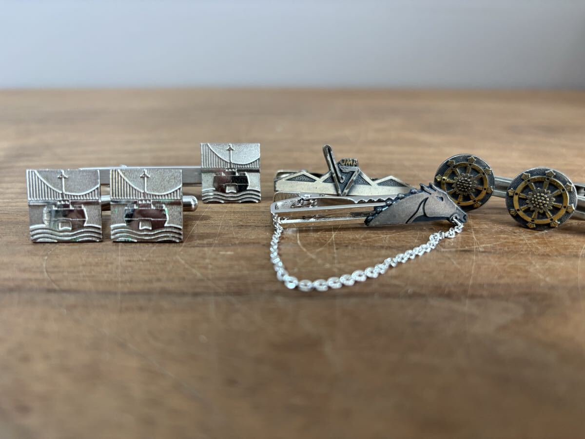 【1円〜】純銀刻印 カフス&タイピン セット 約45.7g 船舵デザイン 馬モチーフ 銀製アクセサリー ヴィンテージ