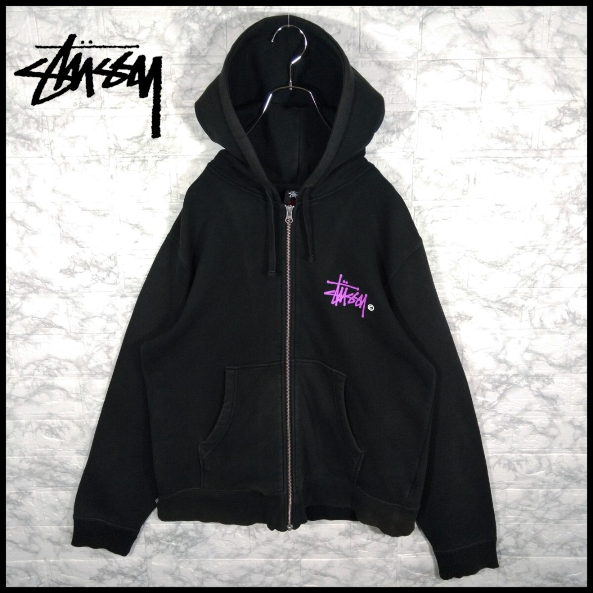 【STUSSY】00s'vintage ショーンフォントロゴ　ジップパーカー　黒_画像8