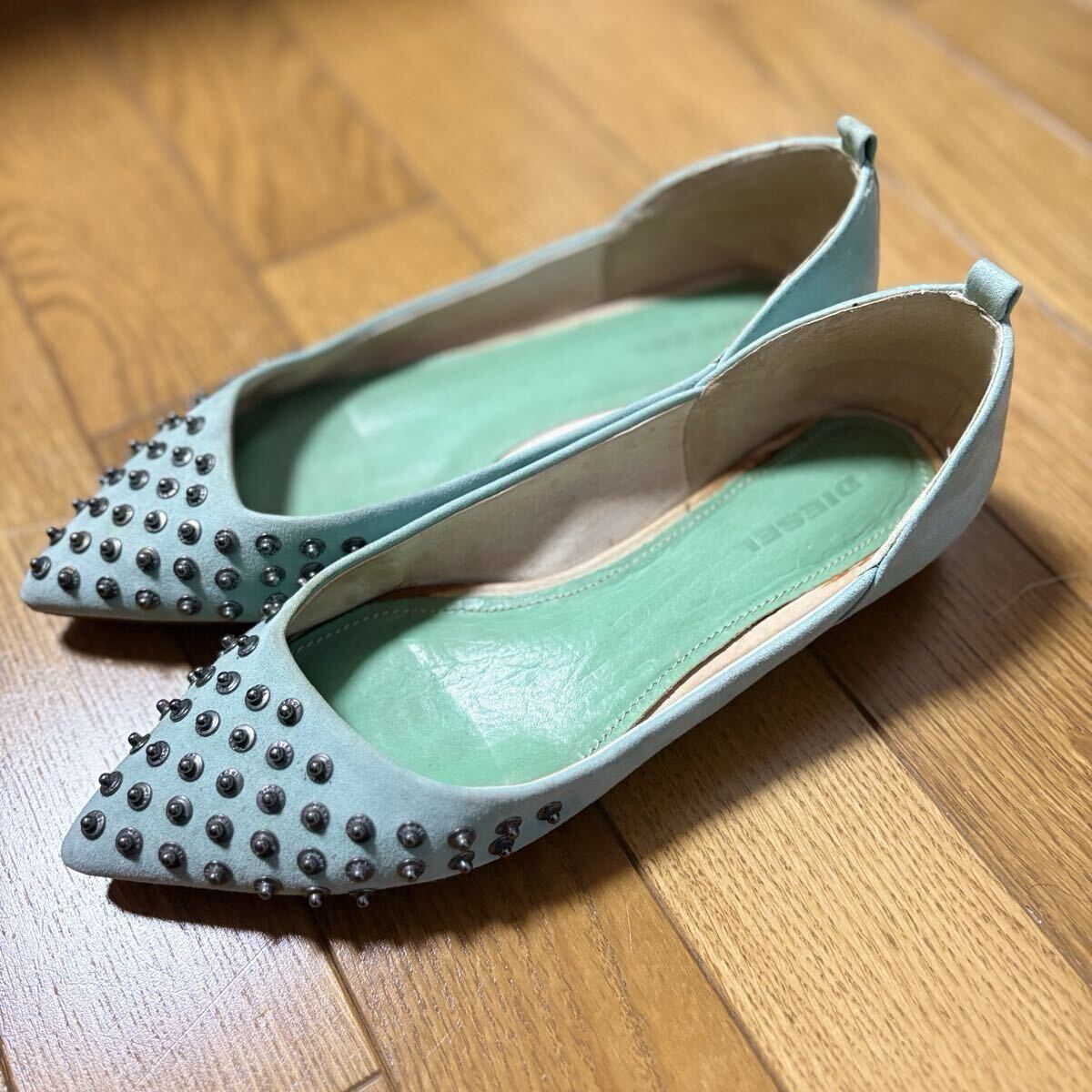 DIESELディーゼル スタッズ パンプス ミントグリーン 24㎝ 37 フラットシューズ レザー 靴 フラットパンプス レディース_画像1