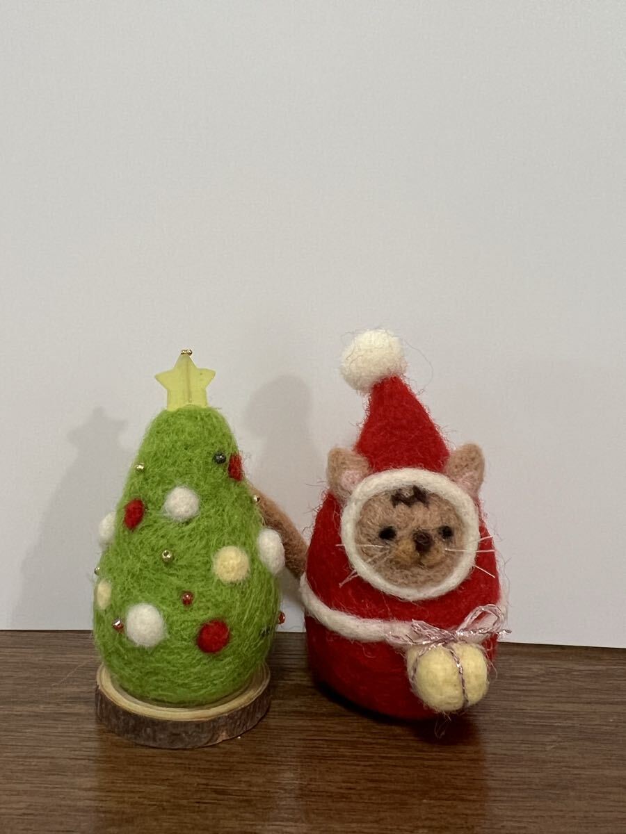 羊毛フェルト クリスマスネコサンタ クリスマスツリーセット 置物 インテリア_画像1