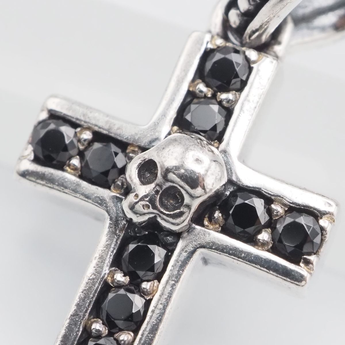 F974 オニキス SV刻印 ペンダント トップ ドクロ スカル クロス デザイン シルバー チャーム ヘッド ヴィンテージ_画像7
