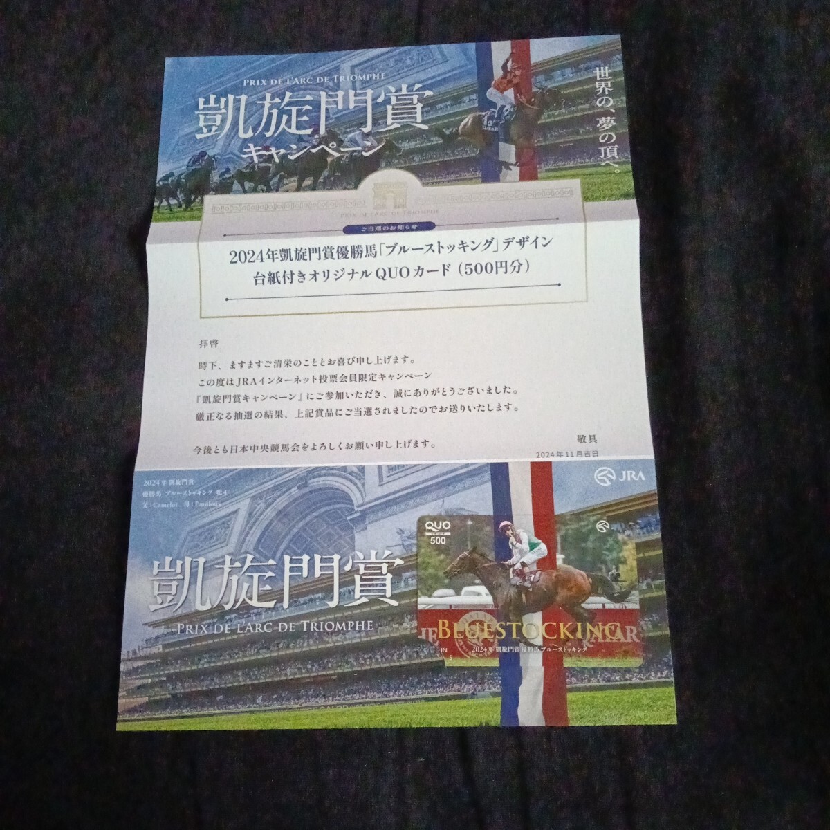 凱旋門賞キャンペーン2024年凱旋門賞優勝馬「ブルーストッキング」デザイン台紙付きオリジナルQUOカード(500円分)未使用_画像1