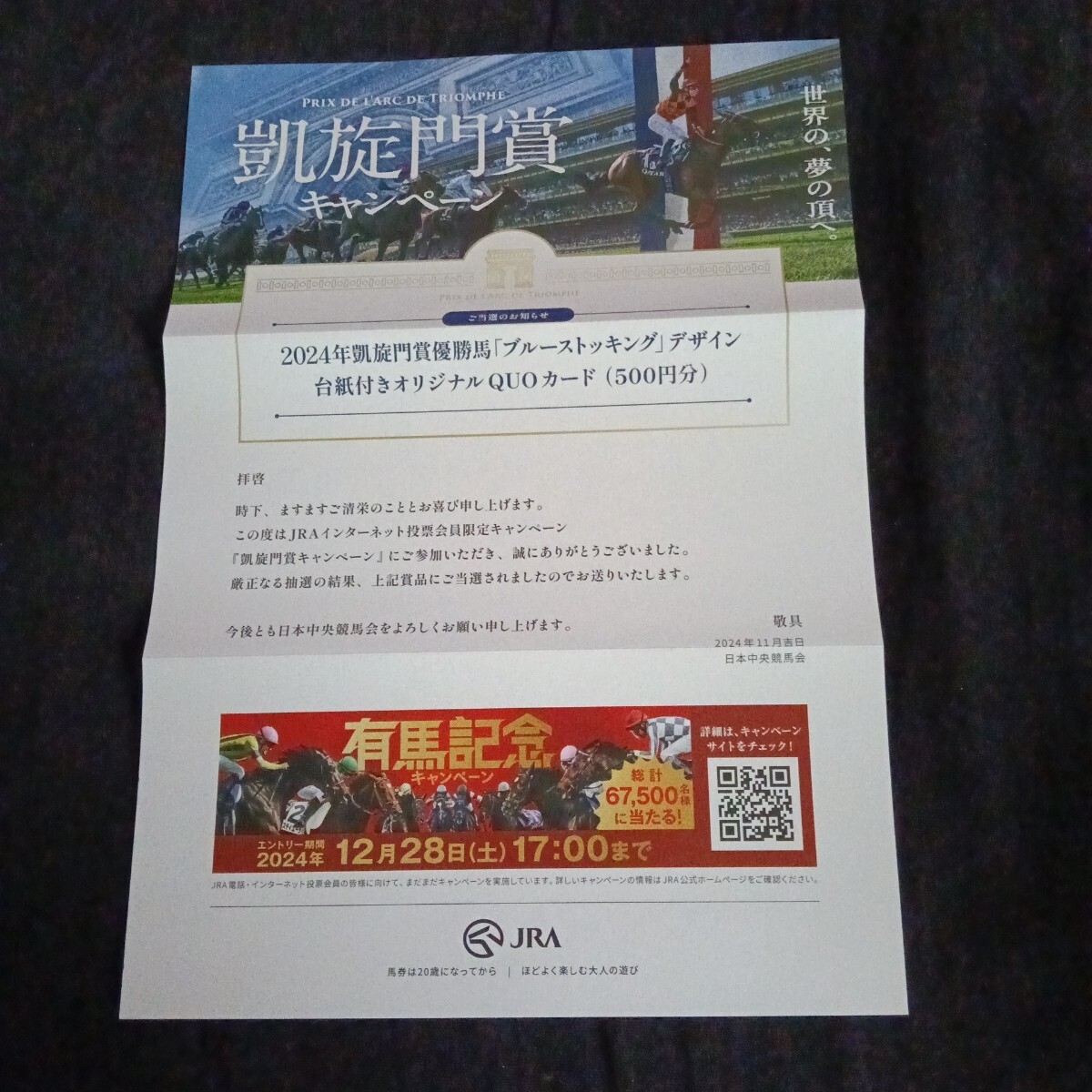 凱旋門賞キャンペーン2024年凱旋門賞優勝馬「ブルーストッキング」デザイン台紙付きオリジナルQUOカード(500円分)未使用_画像3