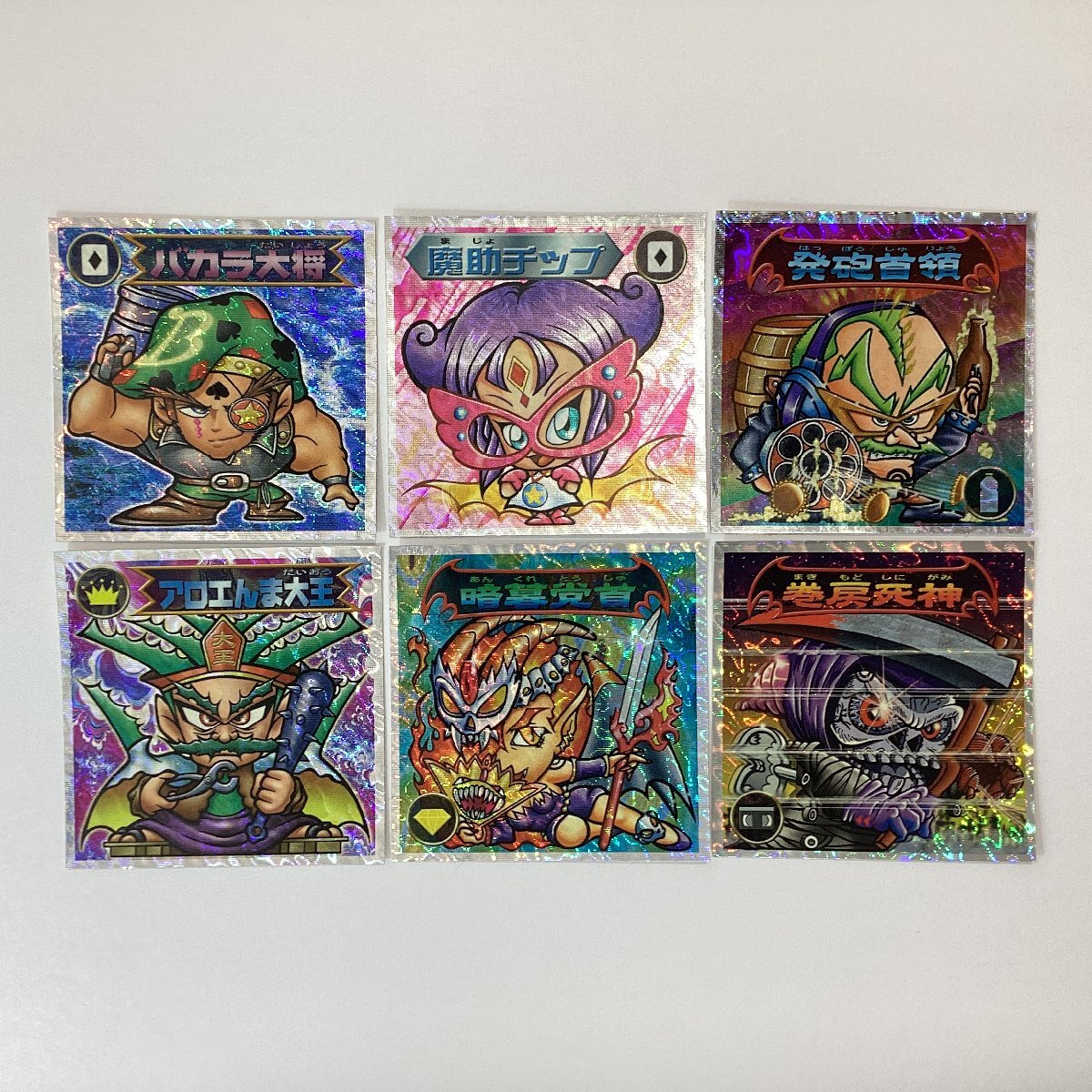 ビックリマンシール　6枚　ビックリマン2000　アクアライン柄　バカラ大将 魔助チップ 発砲首領 アロエんま大王 暗暮党首 巻戻死神_画像1