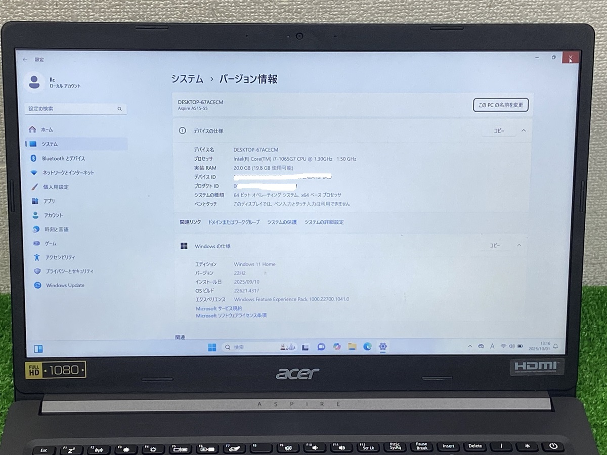 Acerノートパソコン中古 Aspire A515-55 i7 10th gen i7第10世代 ノートPC Core i7-1065G7 メモリ20GB SSD512GB 15.6 フルHD LAPTOP_画像10