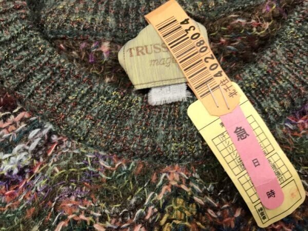 トラサルディ TRUSSARDI トラッド レトロ 古着 マルチカラー シェブロン ボーダー シャギー ニットセーター プルオーバー メンズ カーキ_画像2