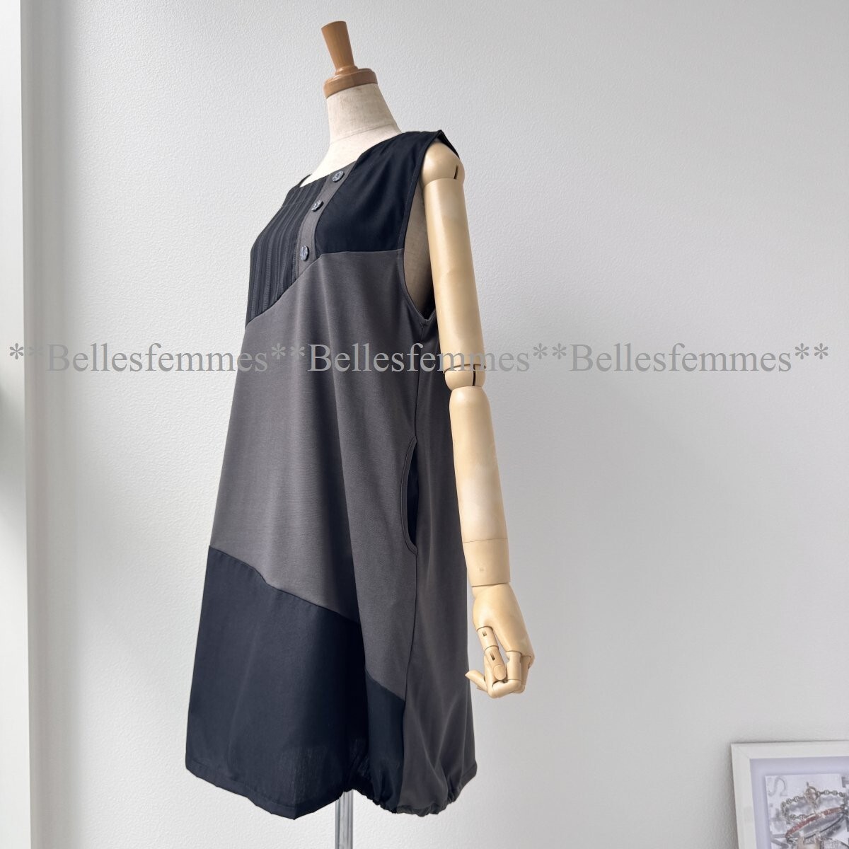 ★送料185円★秋新作 新品 レイヤードベスト 異素材mix チュニック 841 グレーM~L_画像5