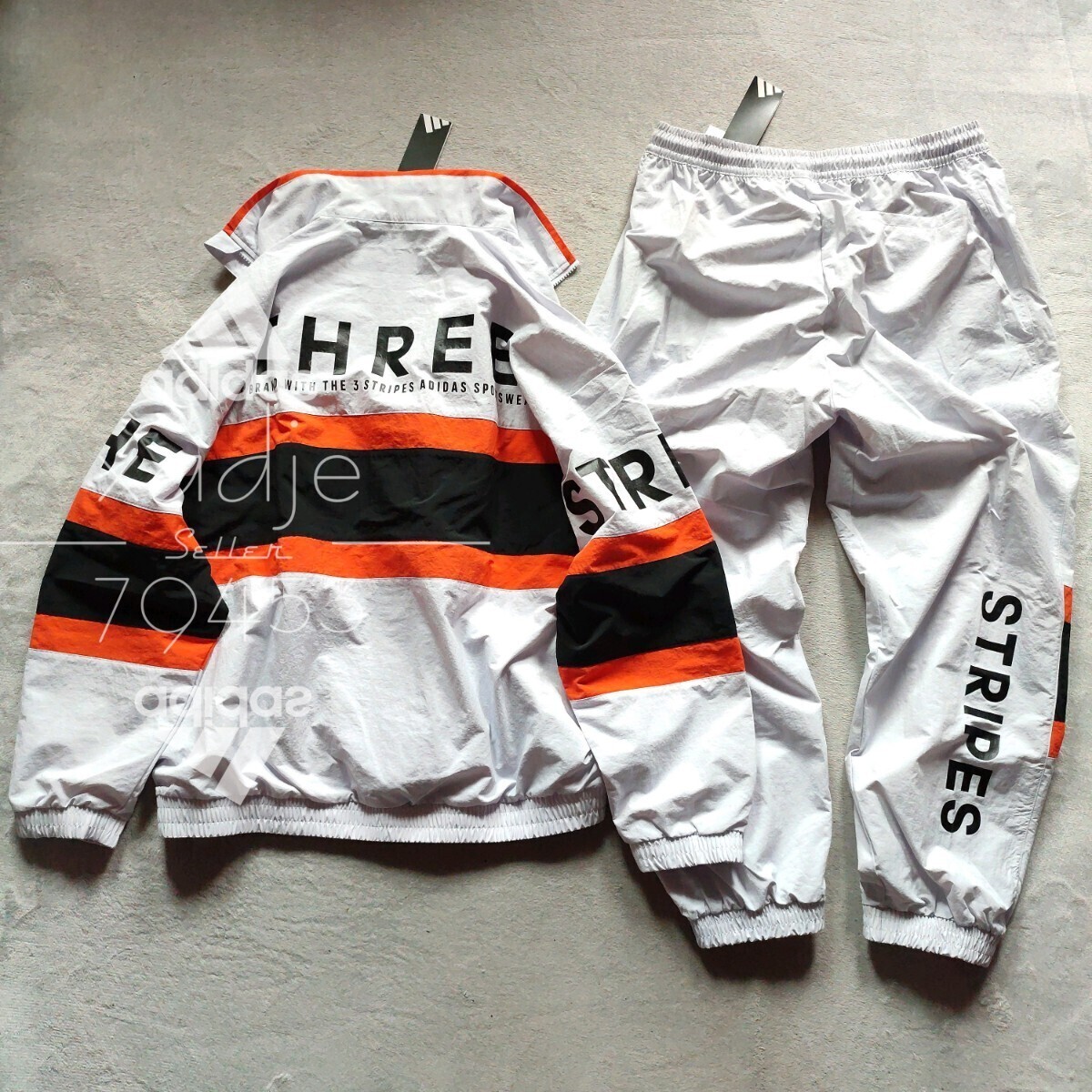 新品 正規品 adidas アディダス 上下セット ナイロン セットアップ 裏地メッシュ付き 薄手 グレー オレンジ 黒 定価18040円 ゆるめ L_画像1