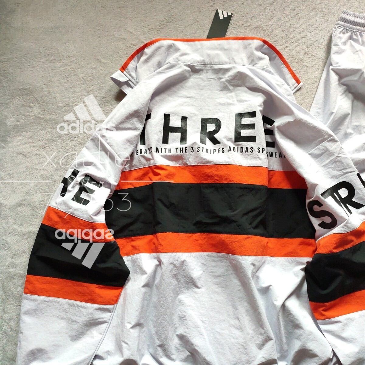 新品 正規品 adidas アディダス 上下セット ナイロン セットアップ 裏地メッシュ付き 薄手 グレー オレンジ 黒 定価18040円 ゆるめ L_画像2