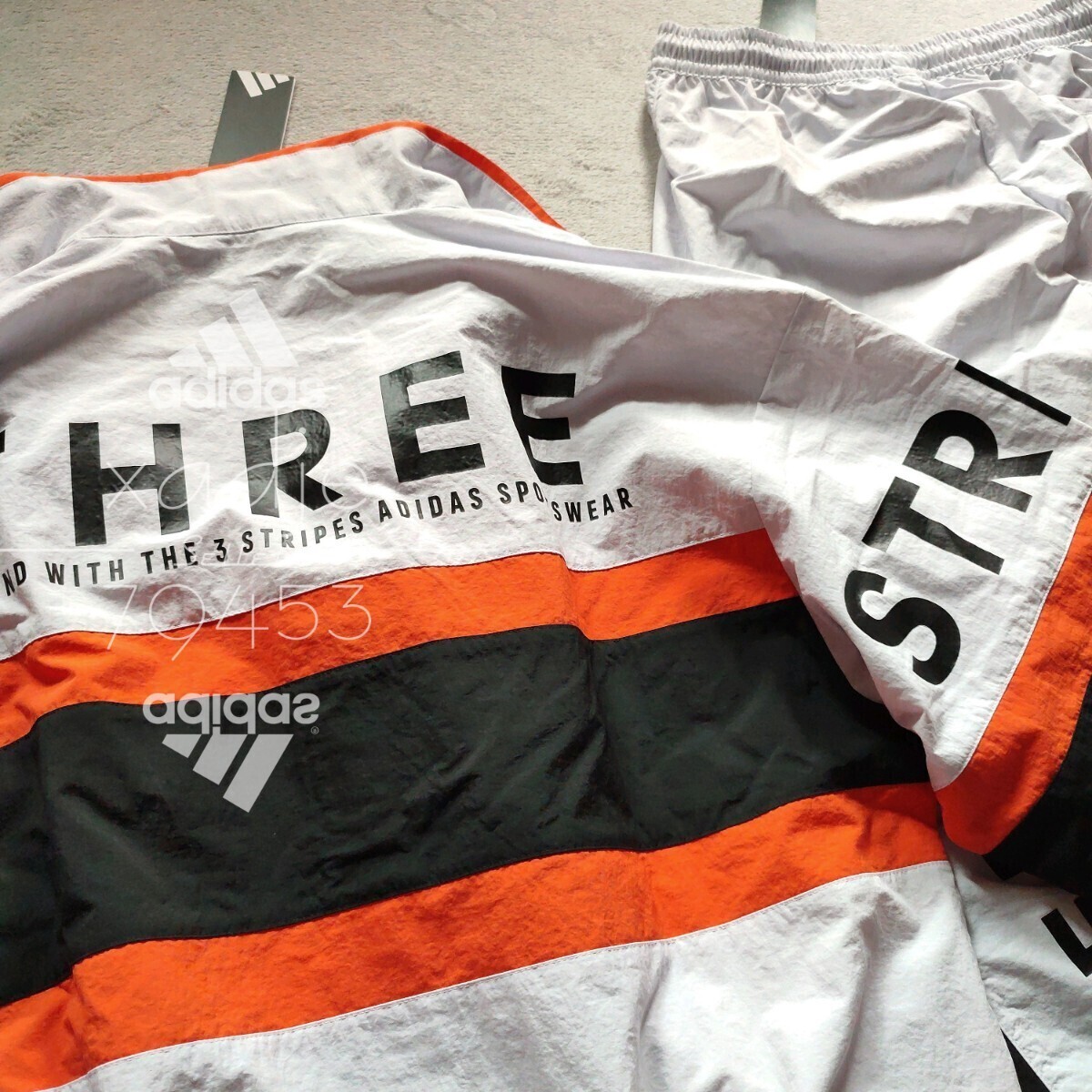 新品 正規品 adidas アディダス 上下セット ナイロン セットアップ 裏地メッシュ付き 薄手 グレー オレンジ 黒 定価18040円 ゆるめ L_画像3