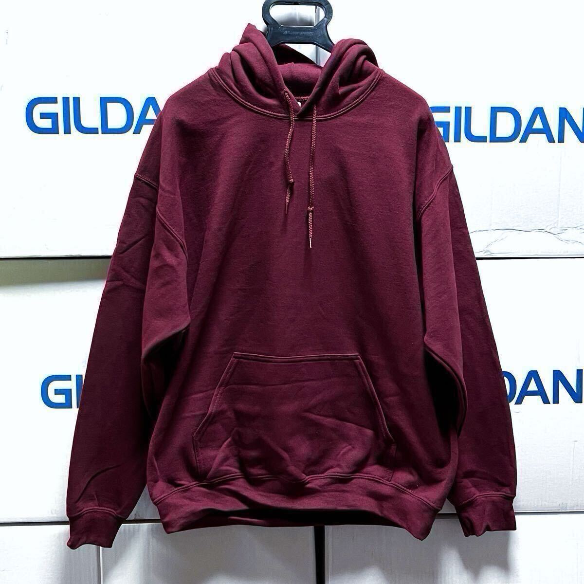 GILDAN マルーン XL ワインレッド 紫 プルオーバー 8.0oz スウェット パーカー カブリパーカー フーディー ギルダン 無地 長袖裏起毛フード_画像1