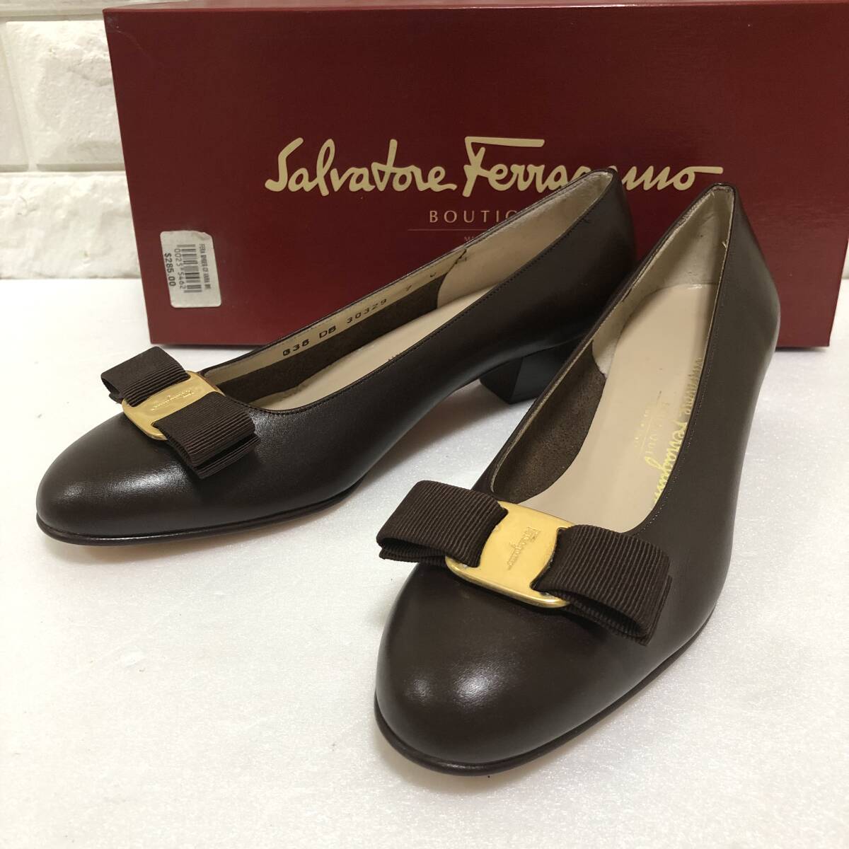  хорошая вещь Salvatore Ferragamo туфли-лодочки vala лента Brown с коробкой размер 7C 24cm соответствует кожа натуральная кожа Италия производства 