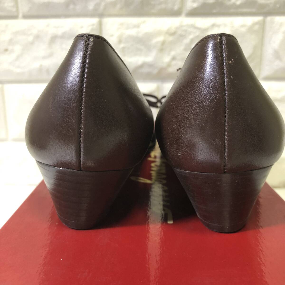  хорошая вещь Salvatore Ferragamo туфли-лодочки vala лента Brown с коробкой размер 7C 24cm соответствует кожа натуральная кожа Италия производства 