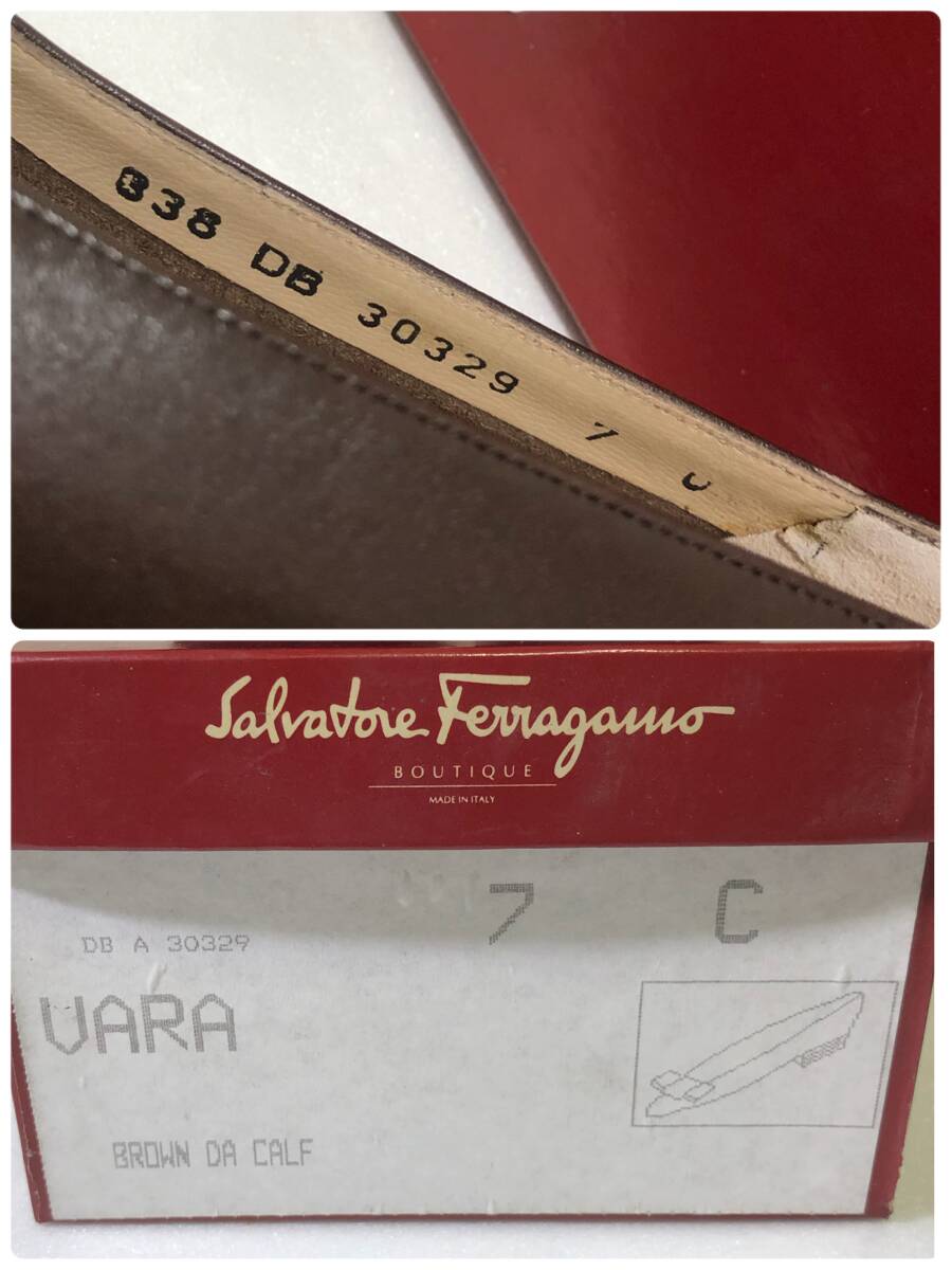  хорошая вещь Salvatore Ferragamo туфли-лодочки vala лента Brown с коробкой размер 7C 24cm соответствует кожа натуральная кожа Италия производства 