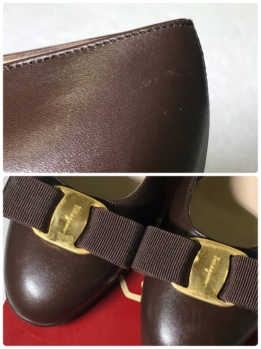  хорошая вещь Salvatore Ferragamo туфли-лодочки vala лента Brown с коробкой размер 7C 24cm соответствует кожа натуральная кожа Италия производства 