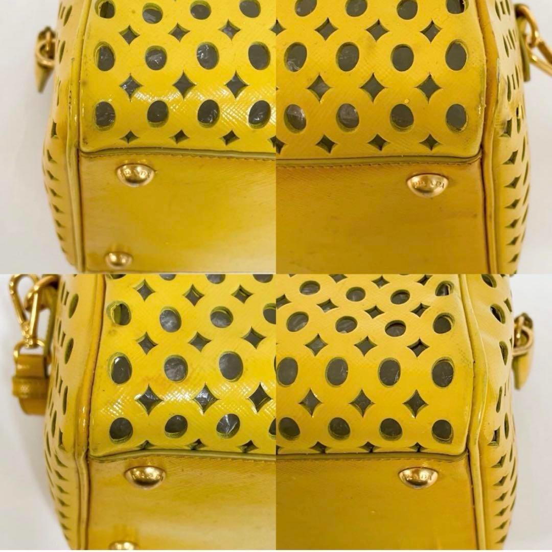 【正規品】PRADA プラダ 2WAY ハンドバッグ ショルダーバッグ 南京錠 ネームプレト サフィアーノ型押し カーフレザー パンチング 黄色_画像6
