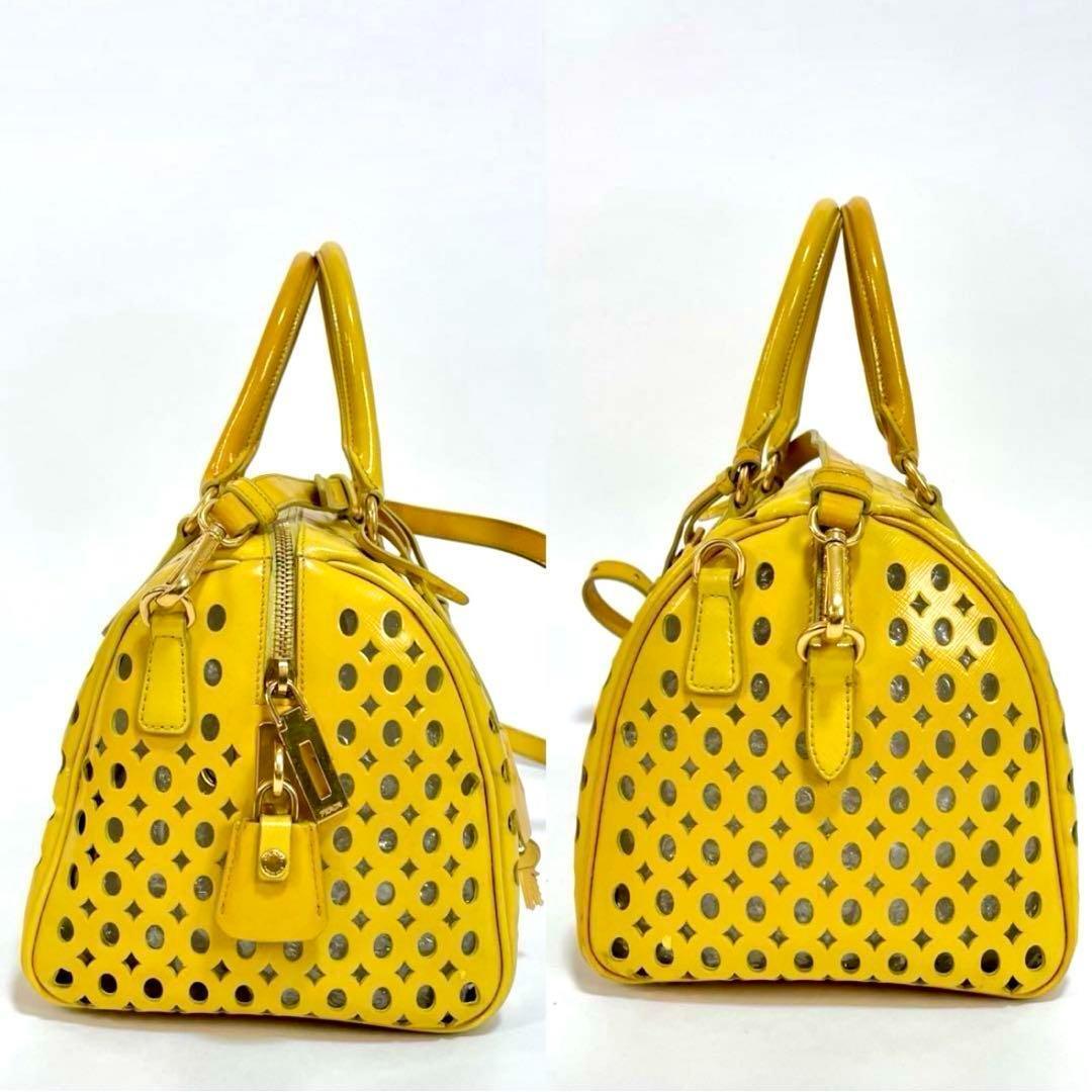 【正規品】PRADA プラダ 2WAY ハンドバッグ ショルダーバッグ 南京錠 ネームプレト サフィアーノ型押し カーフレザー パンチング 黄色_画像7
