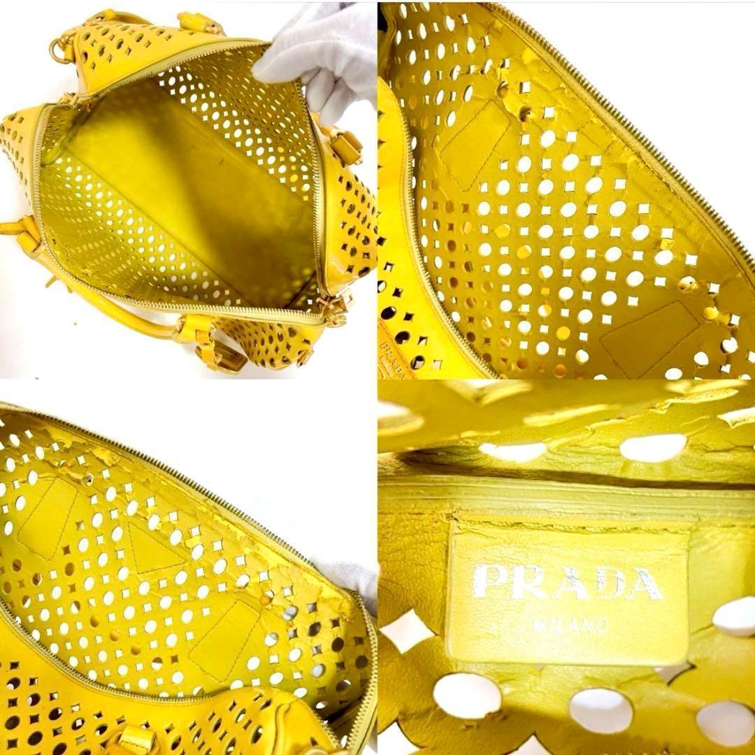 【正規品】PRADA プラダ 2WAY ハンドバッグ ショルダーバッグ 南京錠 ネームプレト サフィアーノ型押し カーフレザー パンチング 黄色_画像9