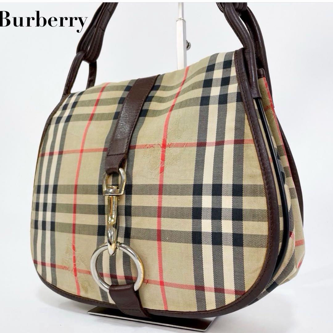 【正規品】Burberrys バーバリー ショルダーバッグ 肩掛け ノバチェック ホースロゴ ベージュ ブラウン 茶系 キャンバス レザー レディース_画像1