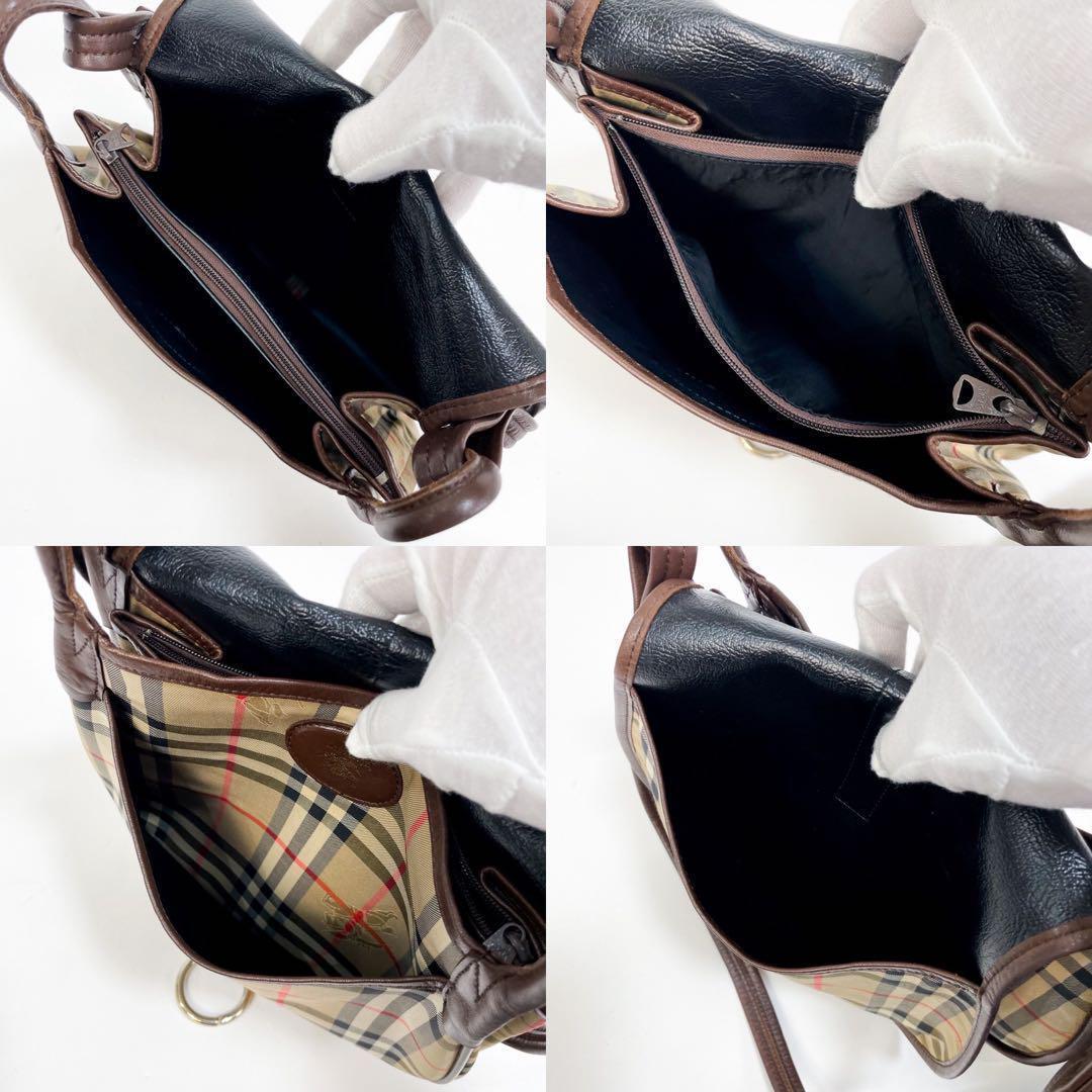 【正規品】Burberrys バーバリー ショルダーバッグ 肩掛け ノバチェック ホースロゴ ベージュ ブラウン 茶系 キャンバス レザー レディース_画像8