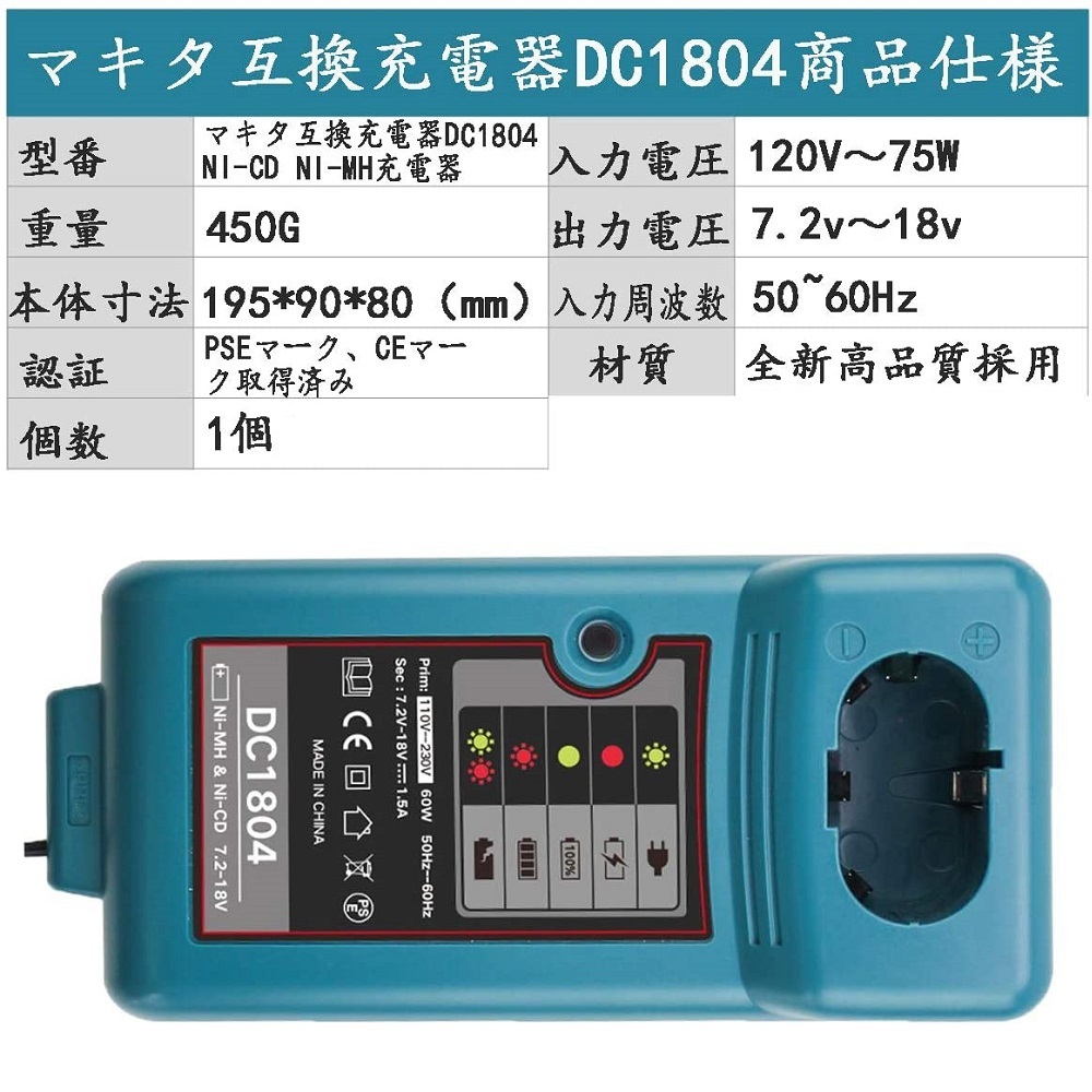 DC1804 マキタ 互換 充電器 ニッケル水素電池 Ni-MH ニカド電池 Ni-CO 7.2v 9.2v 12v 14.4v 18v makita 純正 蓄電池 対応_画像2