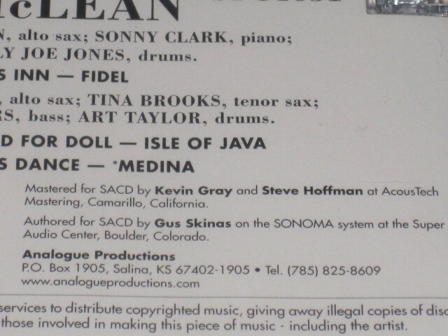 Analogue Productions SACD★ジャッキー・マクリーン★JACKIE’S BAG★JACKIE McLEANの画像4