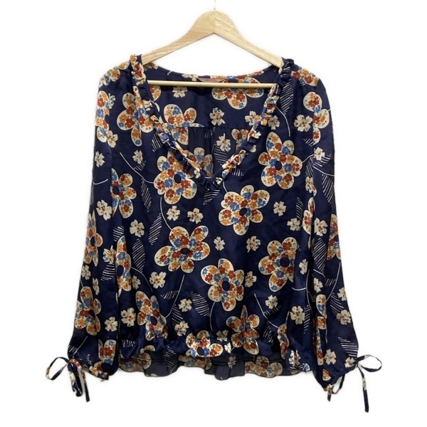ピンクハウス PINK HOUSE 長袖カットソー - ネイビー×アイボリー×マルチ レディース Vネック/花柄/フリル 美品 トップス_画像1