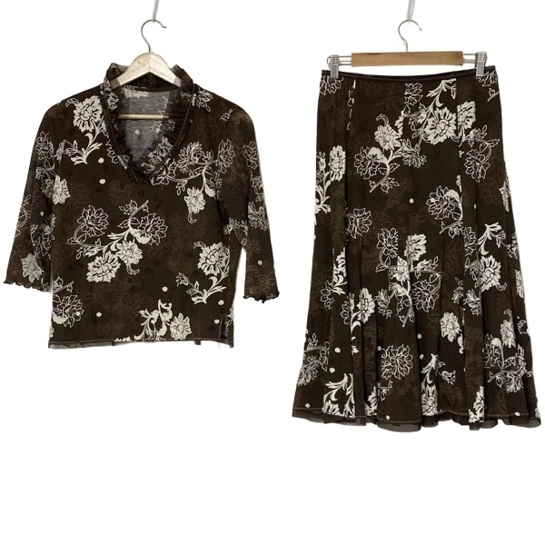 ヒロココシノ HIROKO KOSHINO スカートセットアップ - ダークブラウン×白×ライトブラウン レディース 花柄/一部シースルー/フリル_画像1