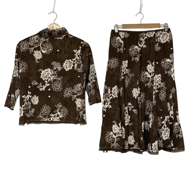 ヒロココシノ HIROKO KOSHINO スカートセットアップ - ダークブラウン×白×ライトブラウン レディース 花柄/一部シースルー/フリル_画像2